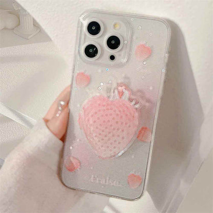 Cute Phone Cases for iPhone 15, 14, 13, 12 Pro Max, Plus &amp; 11 - Glitter Transparent Strawberry - TSP340 - Touchy Style