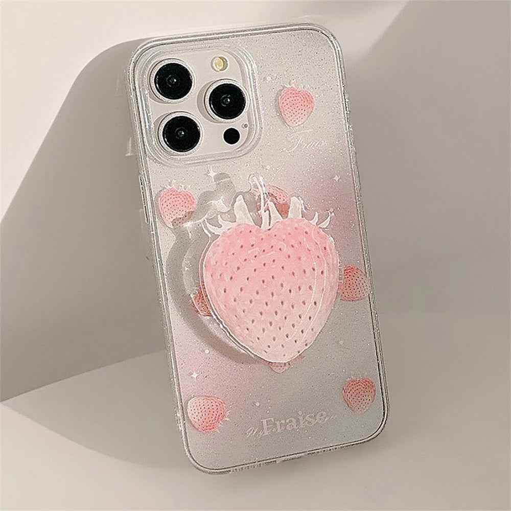 Cute Phone Cases for iPhone 15, 14, 13, 12 Pro Max, Plus &amp; 11 - Glitter Transparent Strawberry - TSP340 - Touchy Style