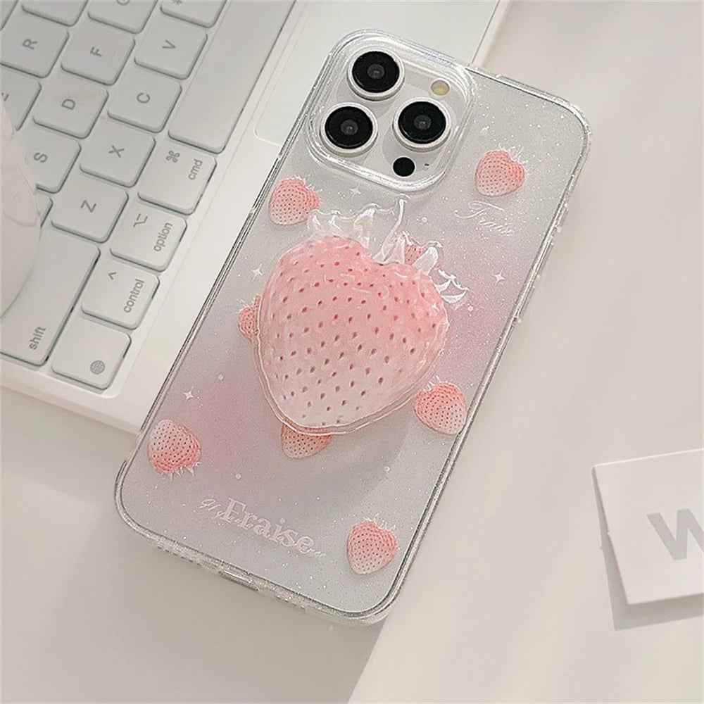 Cute Phone Cases for iPhone 15, 14, 13, 12 Pro Max, Plus &amp; 11 - Glitter Transparent Strawberry - TSP340 - Touchy Style