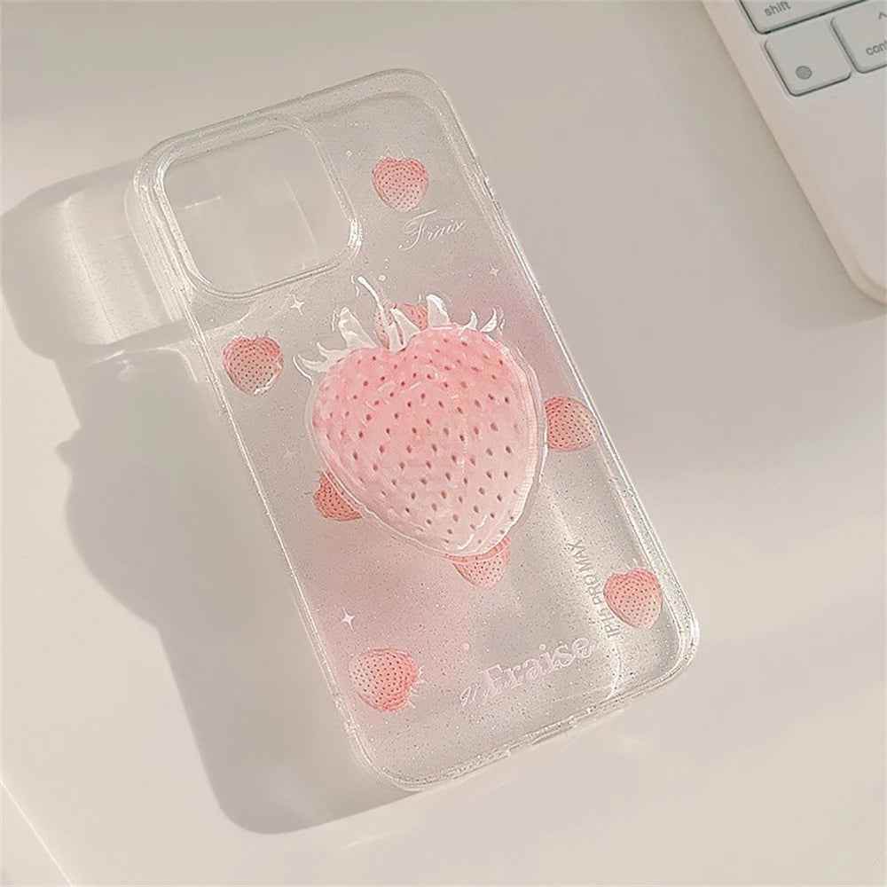 Cute Phone Cases for iPhone 15, 14, 13, 12 Pro Max, Plus &amp; 11 - Glitter Transparent Strawberry - TSP340 - Touchy Style