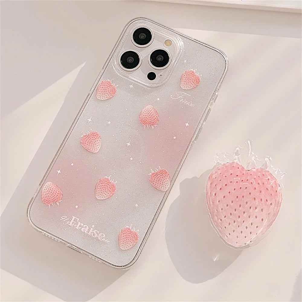 Cute Phone Cases for iPhone 15, 14, 13, 12 Pro Max, Plus &amp; 11 - Glitter Transparent Strawberry - TSP340 - Touchy Style