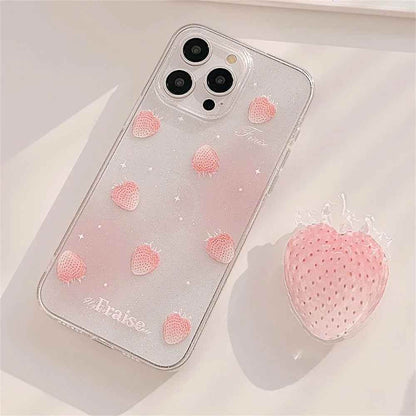 Cute Phone Cases for iPhone 15, 14, 13, 12 Pro Max, Plus &amp; 11 - Glitter Transparent Strawberry - TSP340 - Touchy Style