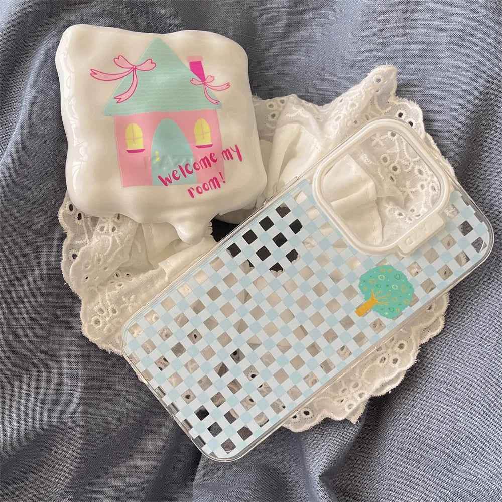 Cute Phone Cases for iPhone 15, 14, 13, and 12 Pro Max - 3D Melted Ice Cream 2-in-1 Blue Plaid House - TSP336 - Touchy Style