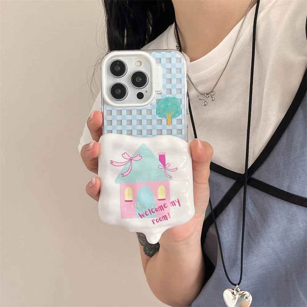 Cute Phone Cases for iPhone 15, 14, 13, and 12 Pro Max - 3D Melted Ice Cream 2-in-1 Blue Plaid House - TSP336 - Touchy Style