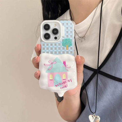 Cute Phone Cases for iPhone 15, 14, 13, and 12 Pro Max - 3D Melted Ice Cream 2-in-1 Blue Plaid House - TSP336 - Touchy Style