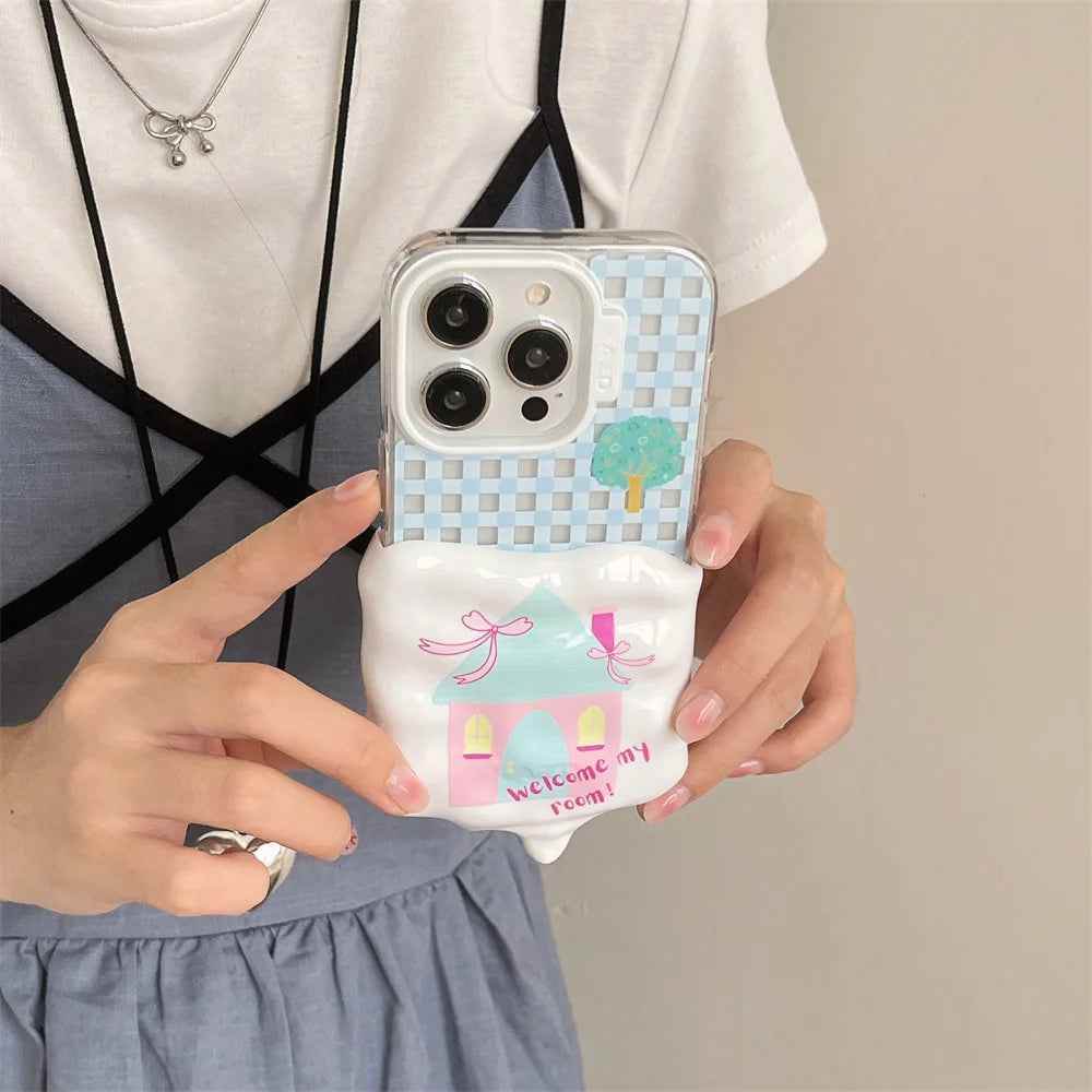 Cute Phone Cases for iPhone 15, 14, 13, and 12 Pro Max - 3D Melted Ice Cream 2-in-1 Blue Plaid House - TSP336 - Touchy Style
