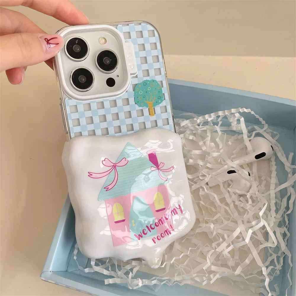 Cute Phone Cases for iPhone 15, 14, 13, and 12 Pro Max - 3D Melted Ice Cream 2-in-1 Blue Plaid House - TSP336 - Touchy Style
