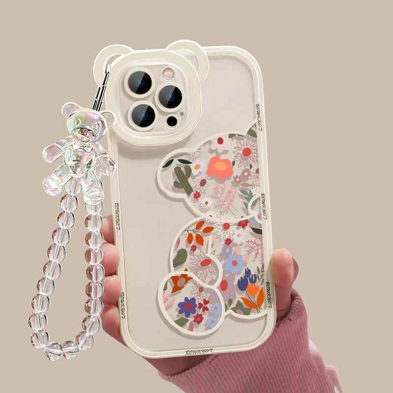 Cute Phone Cases for iPhone 15, 14 Pro Max, 13, 12, 11, X, XR, and XS - 3D Bear Ear, Flower Transparent Cover - TSP361 - Touchy Style