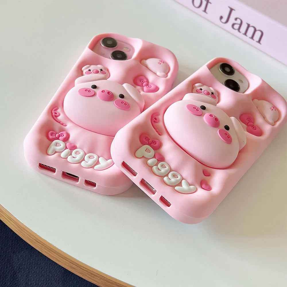 Cute Phone Cases for iPhone 15 Pro Max, 14, 13, 12, and 11 - Funny Pig Piggy, Telescopic Bracket - TSP284 - Touchy Style