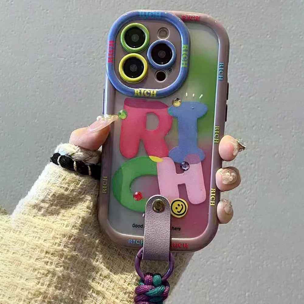 Cute Phone Cases for iPhone 16, 15, 14, 13, 12, and 11 Pro Max with Wrist Chain - Rich Contrast Color - TSP484 - Touchy Style
