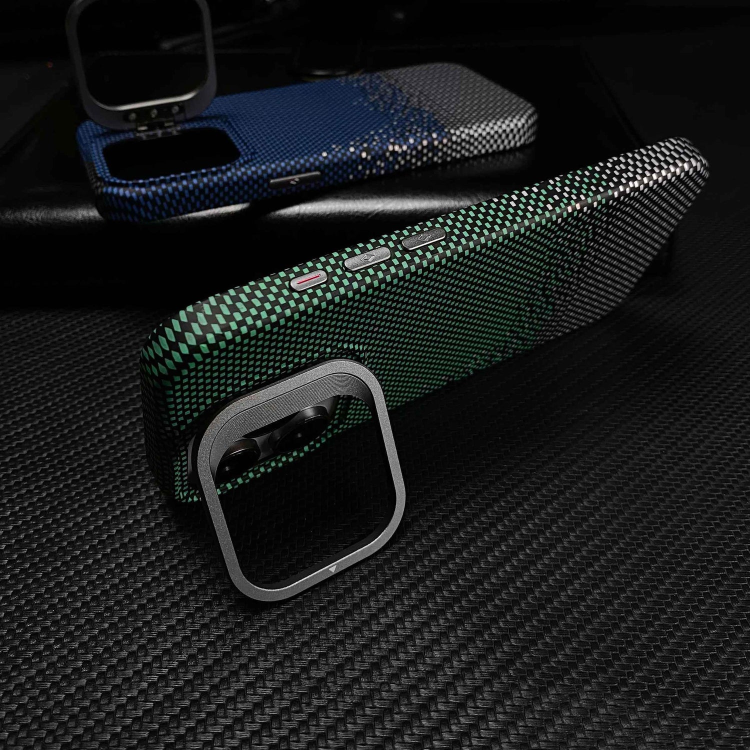 Cute Phone Cases For iPhone 16, 15, 14, and 13 Pro Max - Metal Holder, Silver Sand Carbon Fiber Pattern - TSP413 - Touchy Style