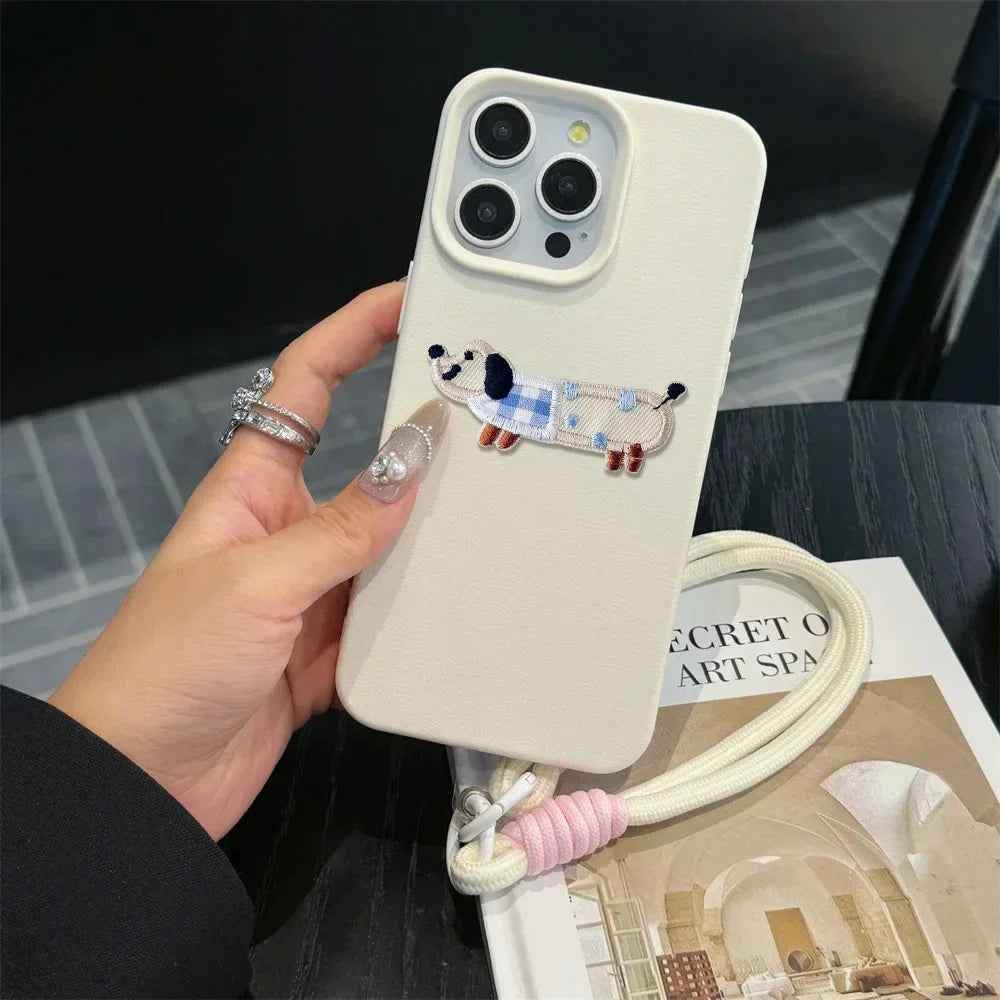 Cute Phone Cases For iPhone 16 Pro Max, 7, 8 Plus, and SE - Lazy Dog, Candy Leather Cover with Wrist Chain - TSP478 - Touchy Style