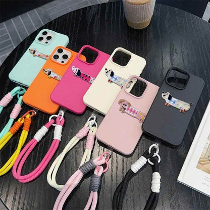 Cute Phone Cases For iPhone 16 Pro Max, 7, 8 Plus, and SE - Lazy Dog, Candy Leather Cover with Wrist Chain - TSP478 - Touchy Style