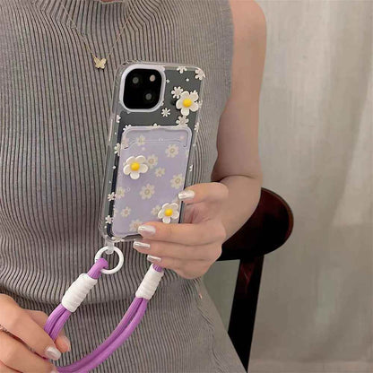Cute Phone Cases for iPhone models 15, 14, 13, 12 Pro Max, and 11 - 3D Daisy Clear Card Bag with Lanyard - TSP348 - Touchy Style