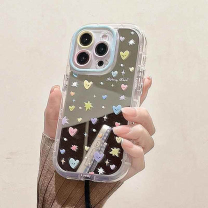 Cute Phone Cases - Stars &amp; Heart Mirror Hard Cover with Bracket for iPhone 15 Pro Max, 14, 13, 12, 11 - TSP295 - Touchy Style