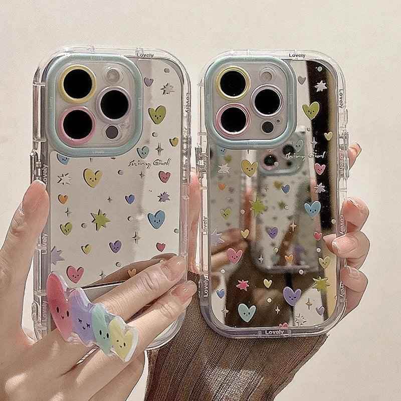 Cute Phone Cases - Stars &amp; Heart Mirror Hard Cover with Bracket for iPhone 15 Pro Max, 14, 13, 12, 11 - TSP295 - Touchy Style