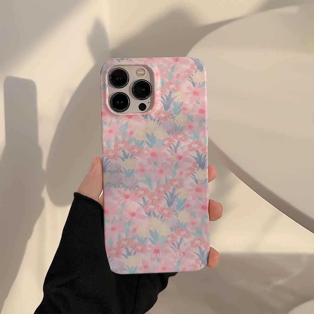 Cute Pink Flowers Garden Hard Phone Case Cover for iPhone 14, 13, 12, 11 Pro Max, Xr, Xs, 7, 8, and 14 Plus - Touchy Style