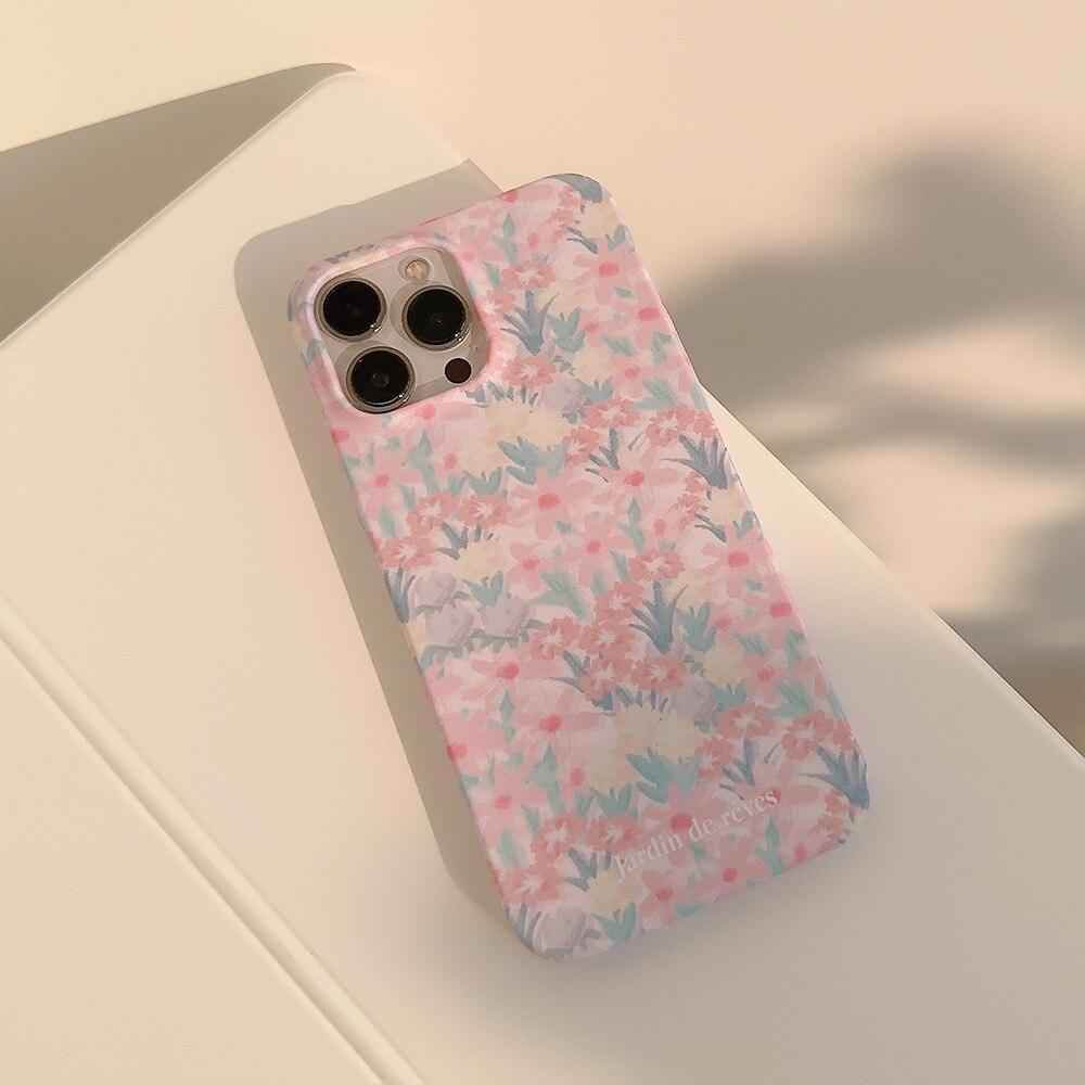 Cute Pink Flowers Garden Hard Phone Case Cover for iPhone 14, 13, 12, 11 Pro Max, Xr, Xs, 7, 8, and 14 Plus - Touchy Style .