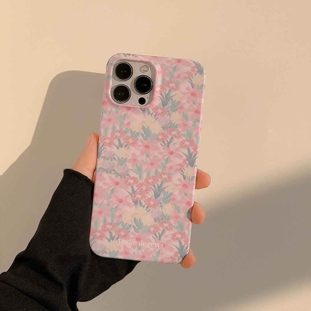 Cute Pink Flowers Garden Hard Phone Case Cover for iPhone 14, 13, 12, 11 Pro Max, Xr, Xs, 7, 8, and 14 Plus - Touchy Style .