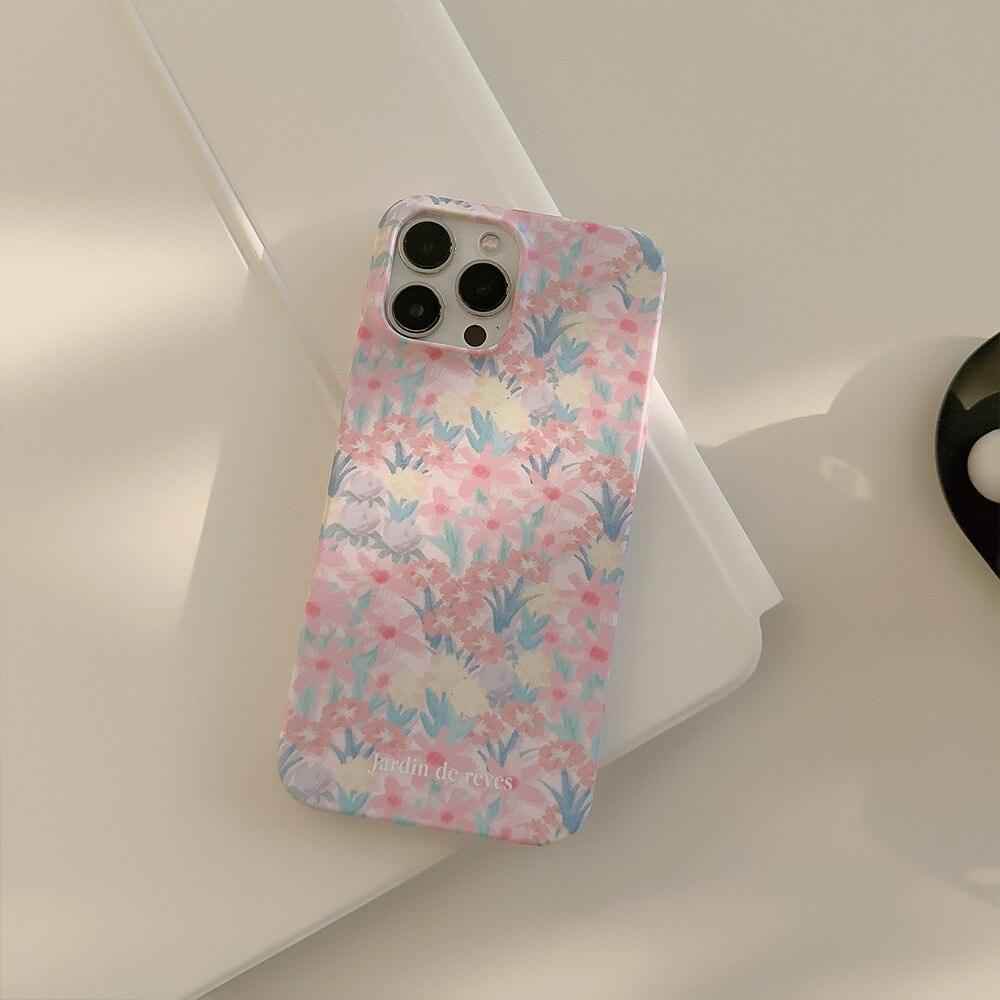 Cute Pink Flowers Garden Hard Phone Case Cover for iPhone 14, 13, 12, 11 Pro Max, Xr, Xs, 7, 8, and 14 Plus - Touchy Style .