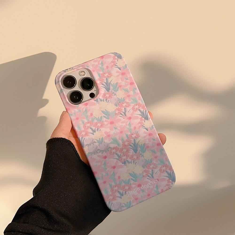 Cute Pink Flowers Garden Hard Phone Case Cover for iPhone 14, 13, 12, 11 Pro Max, Xr, Xs, 7, 8, and 14 Plus - Touchy Style .