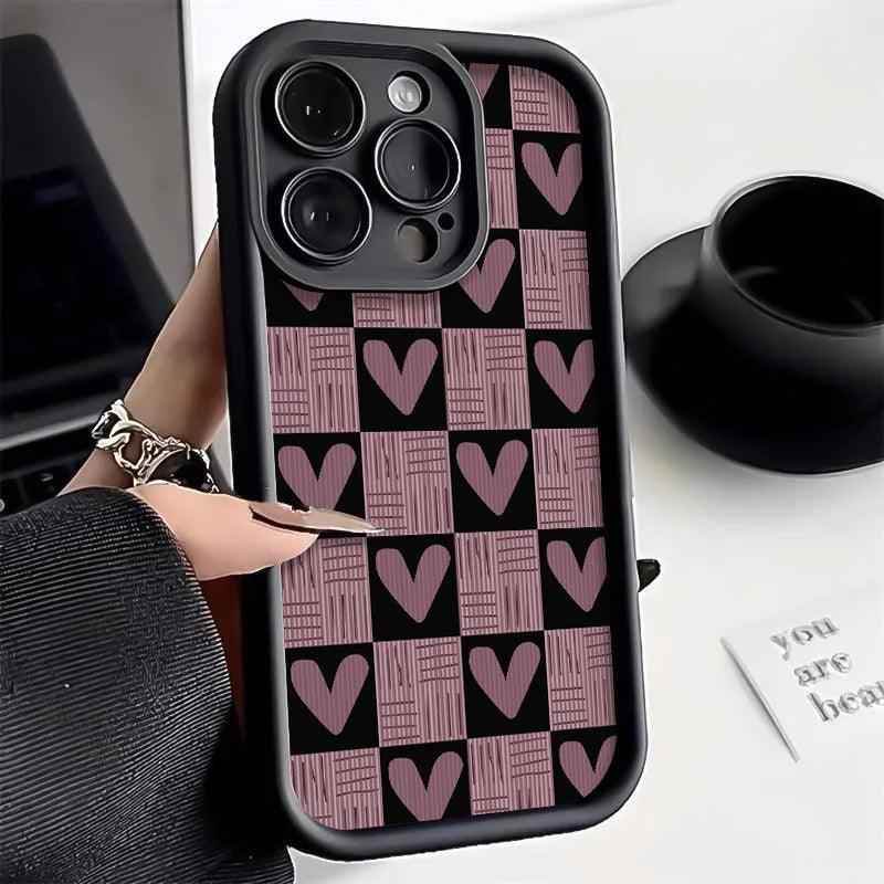 Cute Pink Heart Checkerboard Phone Case - Leather Cover for iPhone 15, 14, 13, 12, and 11 Pro Max - Touchy Style .