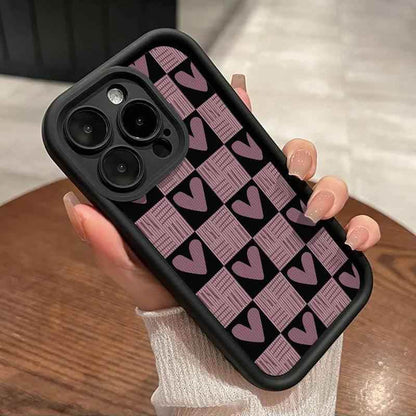 Cute Pink Heart Checkerboard Phone Case - Leather Cover for iPhone 15, 14, 13, 12, and 11 Pro Max - Touchy Style .