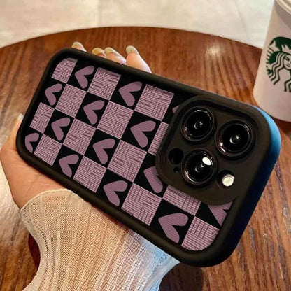 Cute Pink Heart Checkerboard Phone Case - Leather Cover for iPhone 15, 14, 13, 12, and 11 Pro Max - Touchy Style