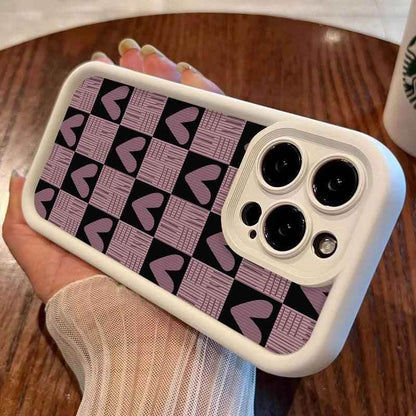 Cute Pink Heart Checkerboard Phone Case - Leather Cover for iPhone 15, 14, 13, 12, and 11 Pro Max - Touchy Style