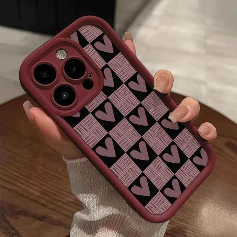 Cute Pink Heart Checkerboard Phone Case - Leather Cover for iPhone 15, 14, 13, 12, and 11 Pro Max - Touchy Style