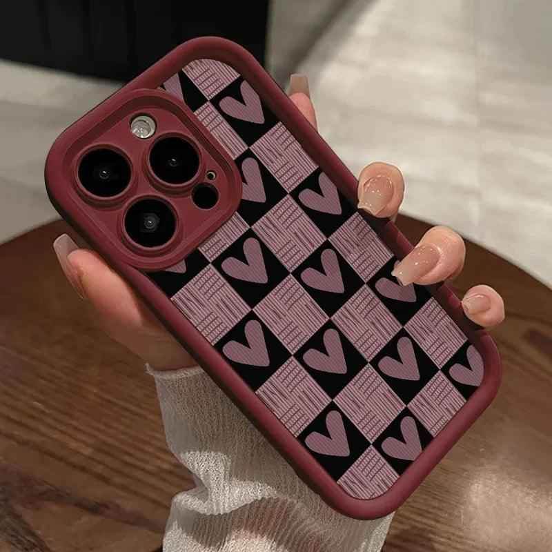 Cute Pink Heart Checkerboard Phone Case - Leather Cover for iPhone 15, 14, 13, 12, and 11 Pro Max - Touchy Style .