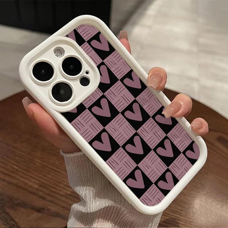 Cute Pink Heart Checkerboard Phone Case - Leather Cover for iPhone 15, 14, 13, 12, and 11 Pro Max - Touchy Style .