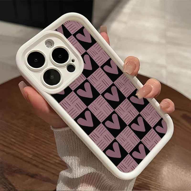 Cute Pink Heart Checkerboard Phone Case - Leather Cover for iPhone 15, 14, 13, 12, and 11 Pro Max - Touchy Style