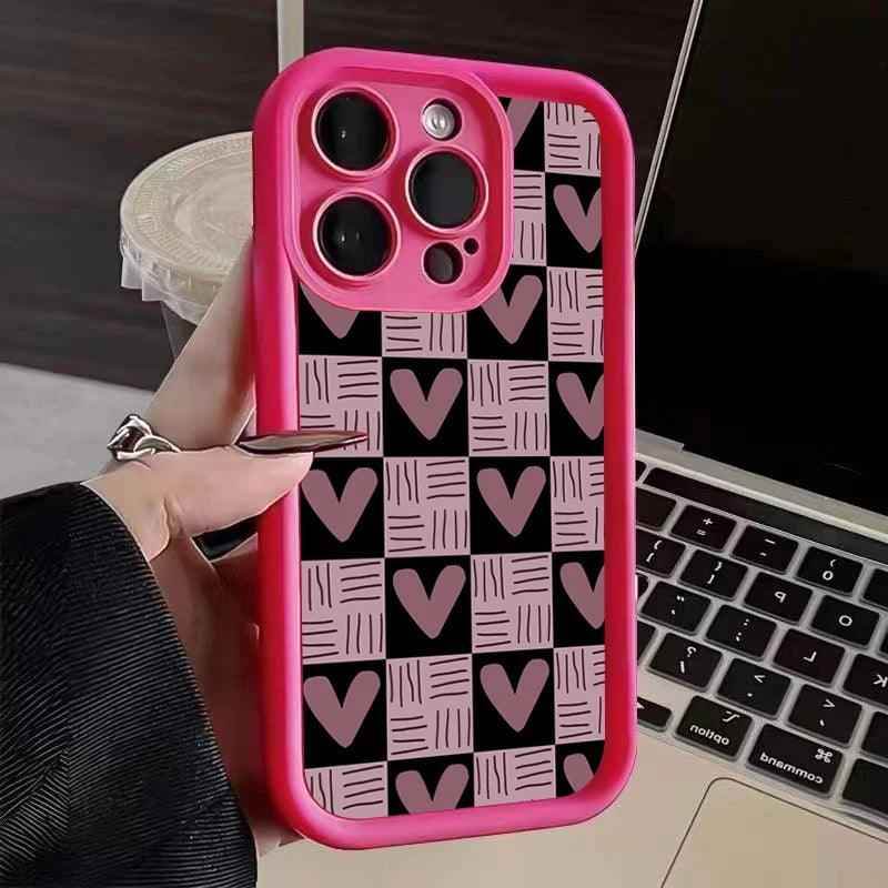 Cute Pink Heart Checkerboard Phone Case - Leather Cover for iPhone 15, 14, 13, 12, and 11 Pro Max - Touchy Style .