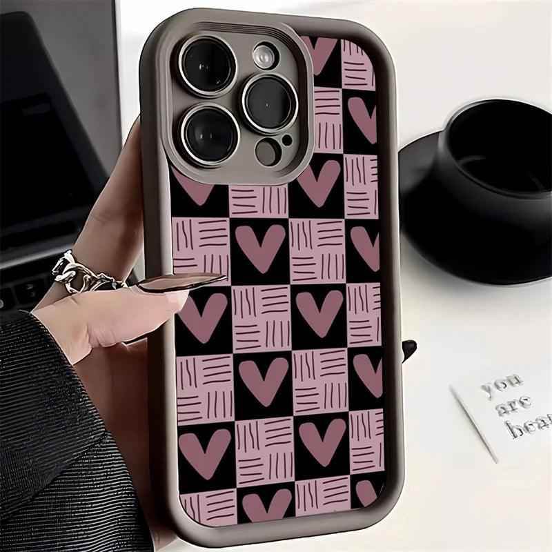 Cute Pink Heart Checkerboard Phone Case - Leather Cover for iPhone 15, 14, 13, 12, and 11 Pro Max - Touchy Style