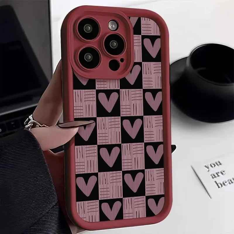 Cute Pink Heart Checkerboard Phone Case - Leather Cover for iPhone 15, 14, 13, 12, and 11 Pro Max - Touchy Style