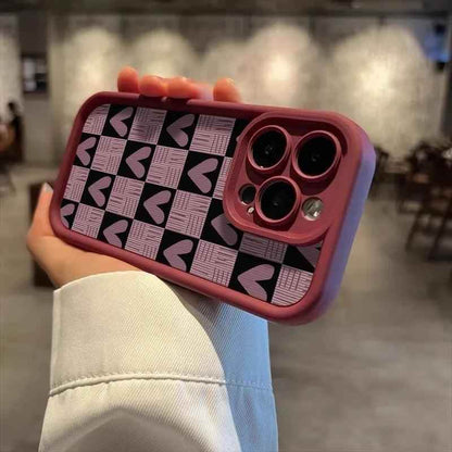Cute Pink Heart Checkerboard Phone Case - Leather Cover for iPhone 15, 14, 13, 12, and 11 Pro Max - Touchy Style