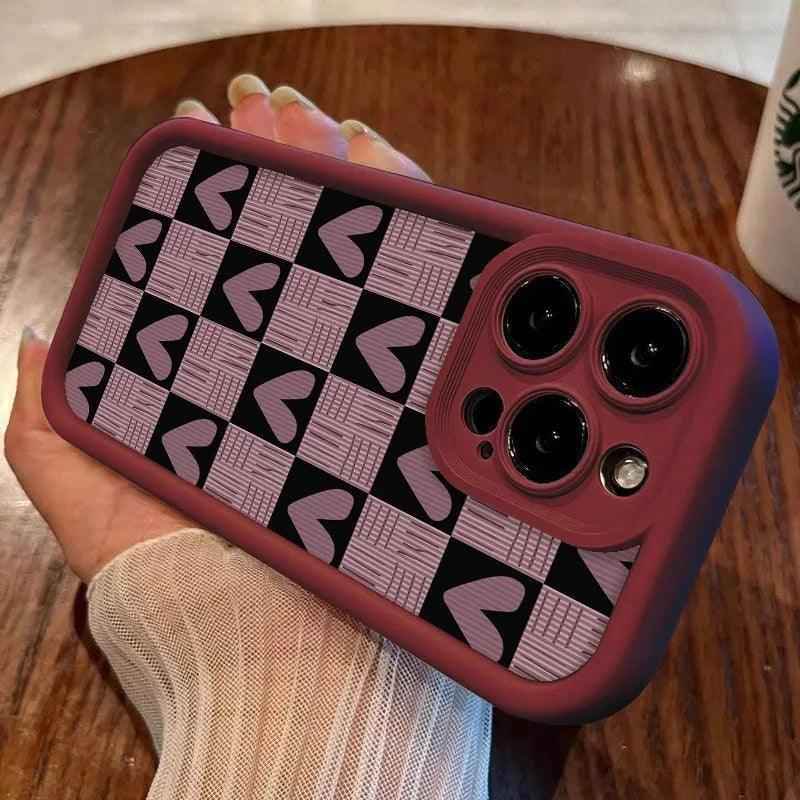 Cute Pink Heart Checkerboard Phone Case - Leather Cover for iPhone 15, 14, 13, 12, and 11 Pro Max - Touchy Style .