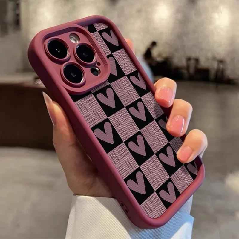 Cute Pink Heart Checkerboard Phone Case - Leather Cover for iPhone 15, 14, 13, 12, and 11 Pro Max - Touchy Style