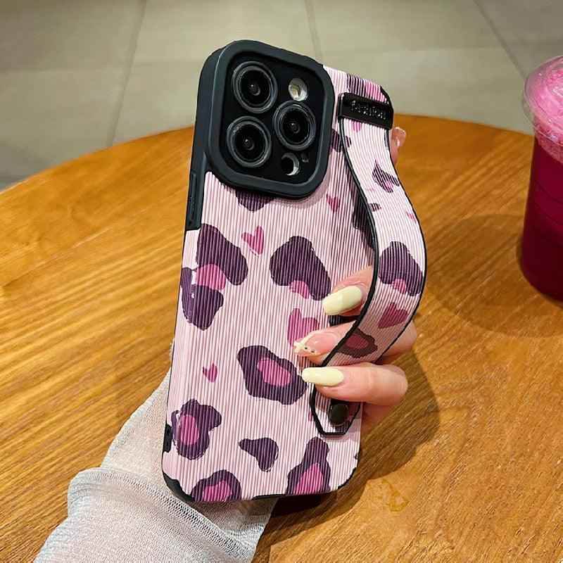 Cute Pink Heart Leopard Print Soft Wristband Phone Case Cover for iPhone 14, 13, 12, 11 Pro Max, 7, 8 Plus, X, XS, XR - Touchy Style
