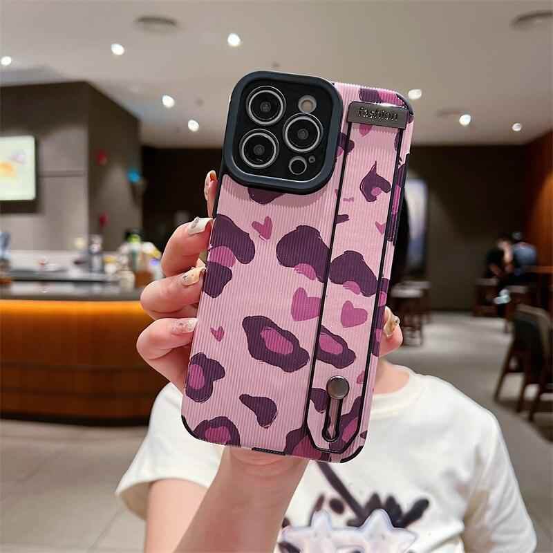 Cute Pink Heart Leopard Print Soft Wristband Phone Case Cover for iPhone 14, 13, 12, 11 Pro Max, 7, 8 Plus, X, XS, XR - Touchy Style