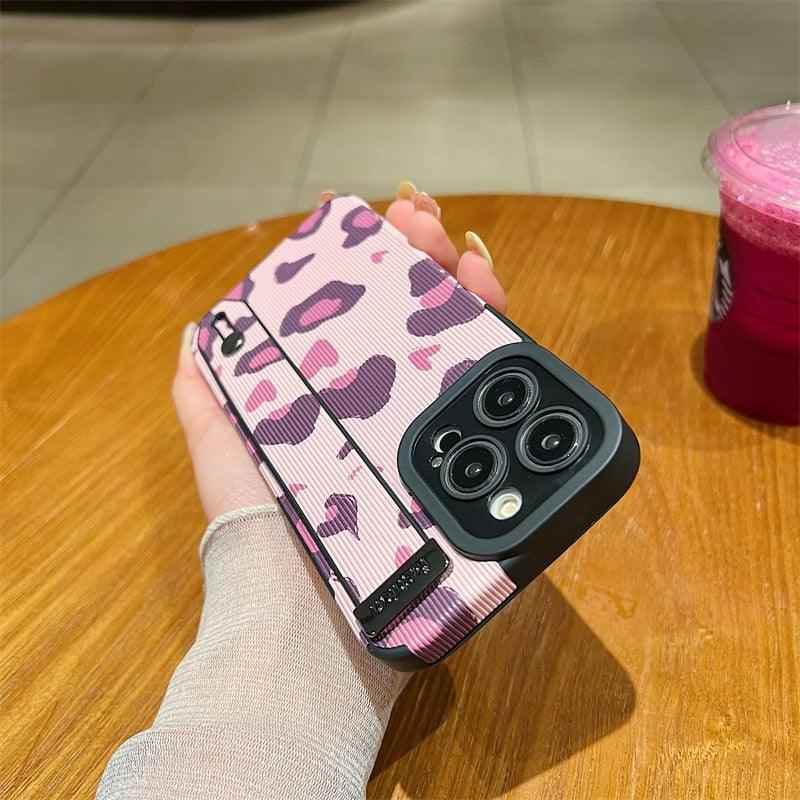 Cute Pink Heart Leopard Print Soft Wristband Phone Case Cover for iPhone 14, 13, 12, 11 Pro Max, 7, 8 Plus, X, XS, XR - Touchy Style