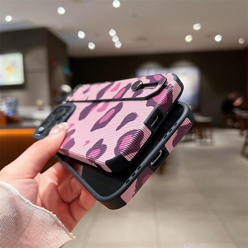 Cute Pink Heart Leopard Print Soft Wristband Phone Case Cover for iPhone 14,  13, 12, 11 Pro Max, 7, 8 Plus, X, XS, XR