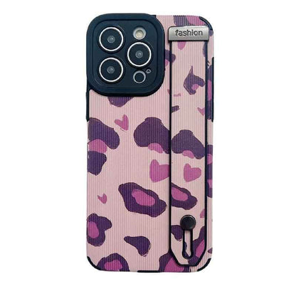 Cute Pink Heart Leopard Print Soft Wristband Phone Case Cover for iPhone 14, 13, 12, 11 Pro Max, 7, 8 Plus, X, XS, XR - Touchy Style