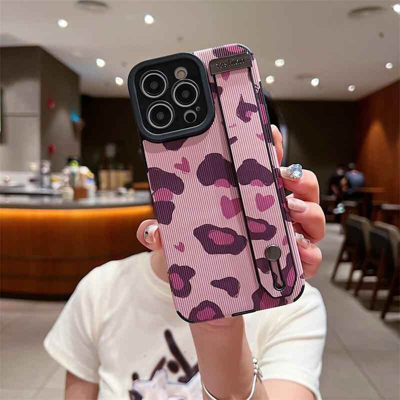 Cute Pink Heart Leopard Print Soft Wristband Phone Case Cover for iPhone 14, 13, 12, 11 Pro Max, 7, 8 Plus, X, XS, XR - Touchy Style