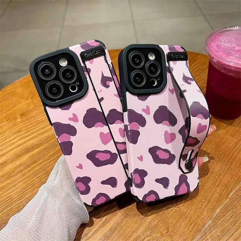 Cute Pink Heart Leopard Print Soft Wristband Phone Case Cover for iPhone 14, 13, 12, 11 Pro Max, 7, 8 Plus, X, XS, XR - Touchy Style