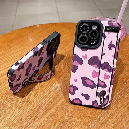 Cute Pink Heart Leopard Print Soft Wristband Phone Case Cover for iPhone 14, 13, 12, 11 Pro Max, 7, 8 Plus, X, XS, XR - Touchy Style