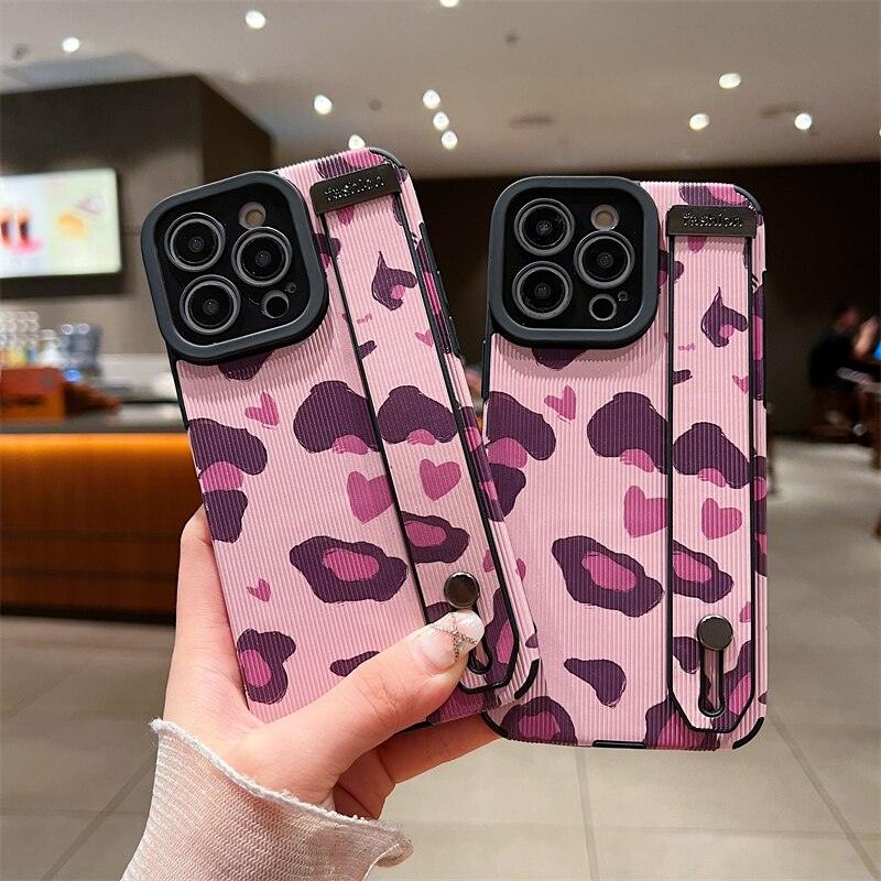 Cute Pink Heart Leopard Print Soft Wristband Phone Case Cover for iPhone 14, 13, 12, 11 Pro Max, 7, 8 Plus, X, XS, XR - Touchy Style .