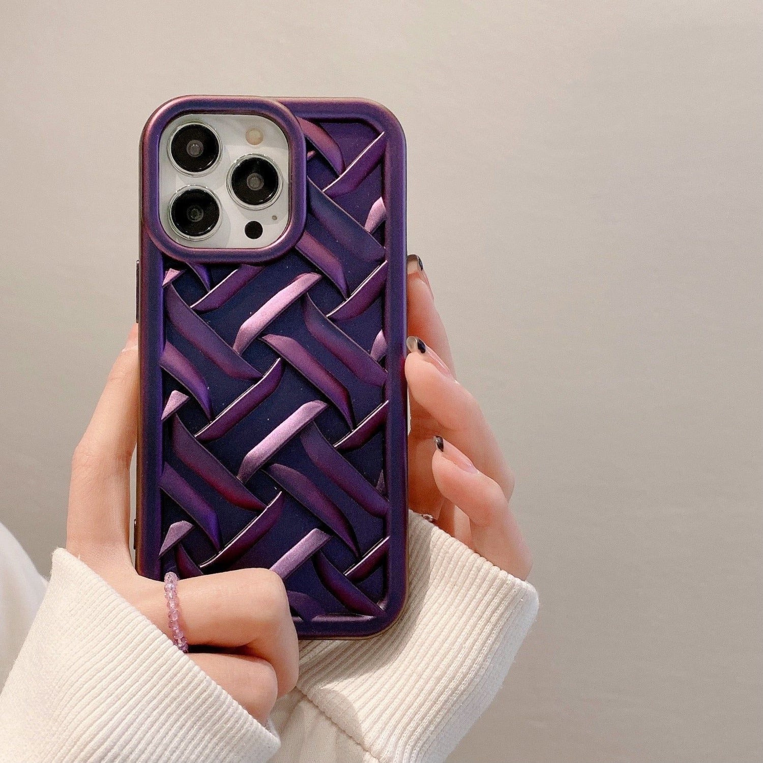 Cute Purple Weave Knit Laser Plating Phone Cases for iPhone 11 Pro Max, 12, 13, and 14 - Touchy Style .