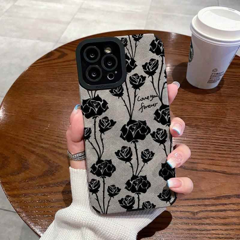 Cute Rose Pattern Leather Phone Case for iPhone 7, 8 Plus, X, XS Max, XR, 11, 12, 13, 14 Pro Max, and 14 Plus - Touchy Style .